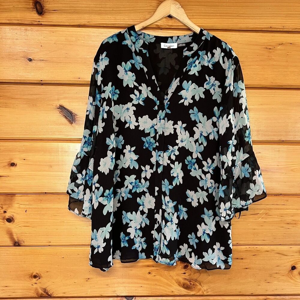 Calvin Klein Blouse 2X Flowy Blue White Black 3/4 Ruffle Sleeve Lined Button